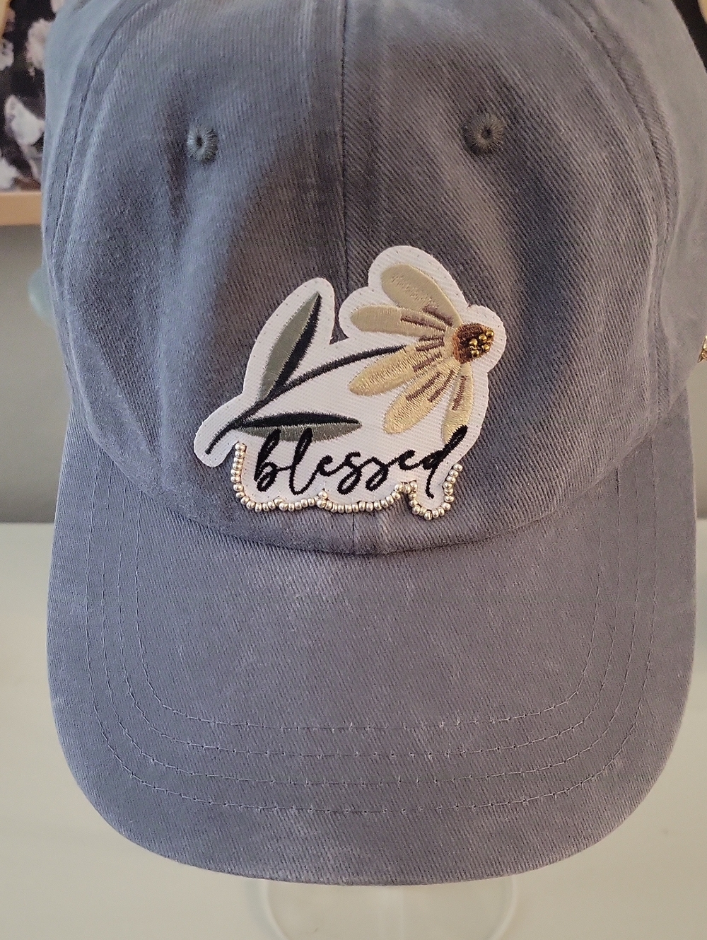 Gray 'Blessed' Floral Appliqued Adjustable Baseball Cap